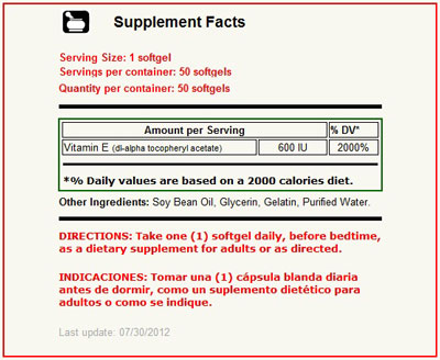 Vitamina E 600 IU 50 Capsulas